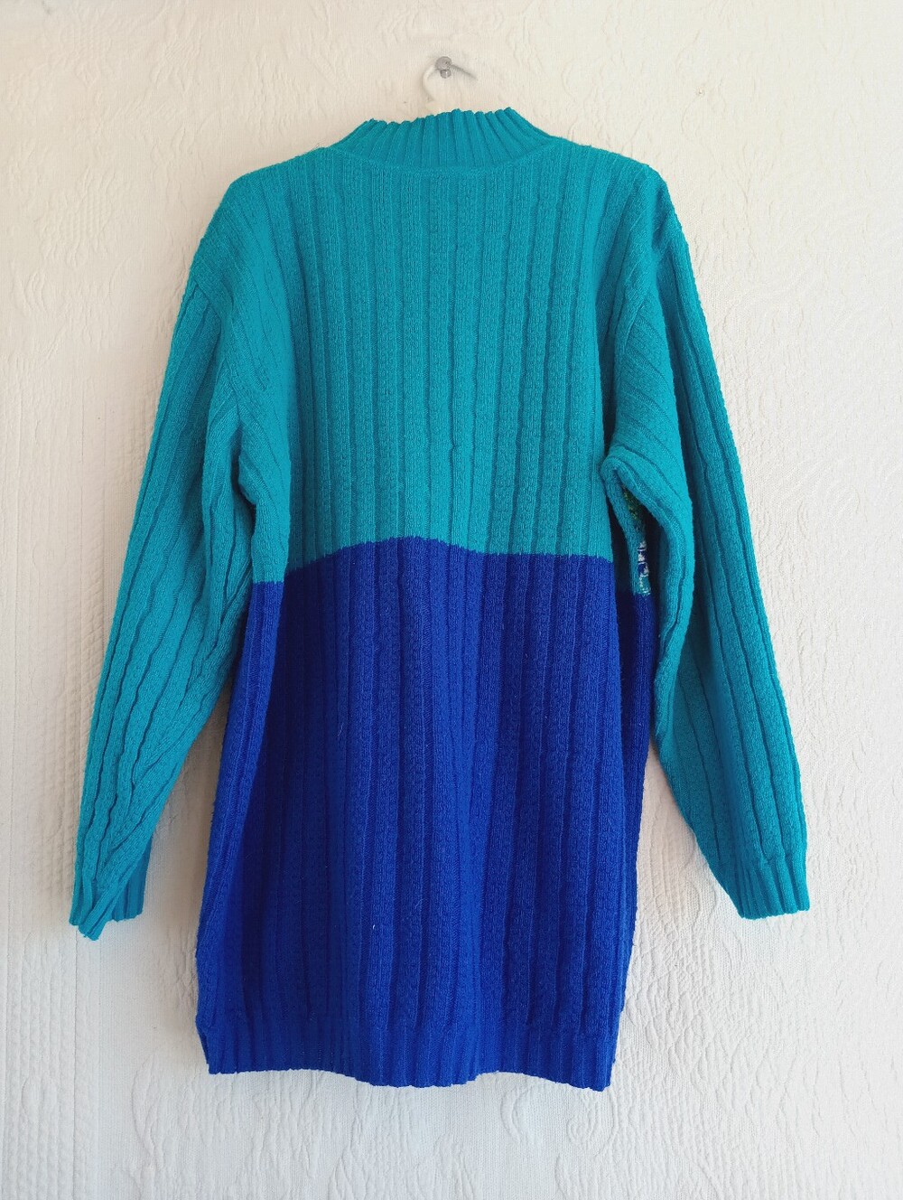 80s Teal & Royal Blue Nordic Knit Sweater Retro Cable Knit Colorblock Ski Winter - Picture 8 of 9